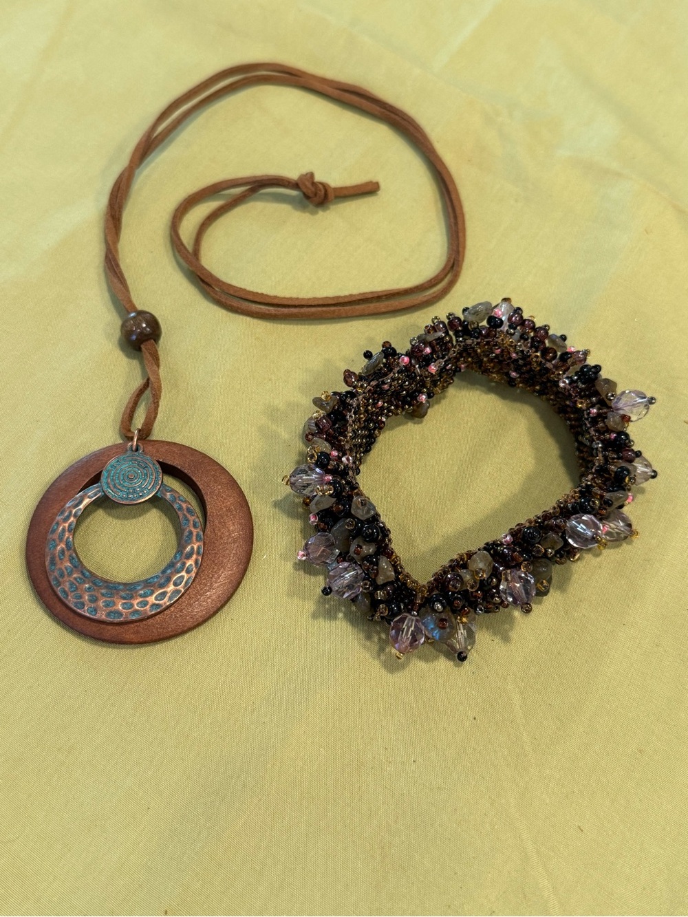 Hammered metal pendant necklace beaded magnetic bracelet set